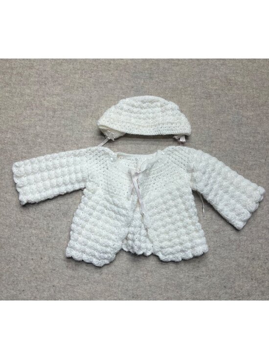 Handmade Other - Vintage Handmade White Newborn Knit Cardigan Hat  Infant Sweater Bonnet Cap Set